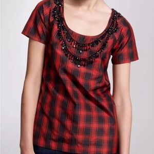J.CREW Plaid Shirt Eliza Tee Blouse Silk Red Black Necklace Tartan Size 6